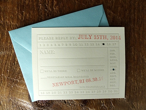  For fun the reply card was printed to resemble a vintage ferry ticket, complete with punched out and stamped date. 