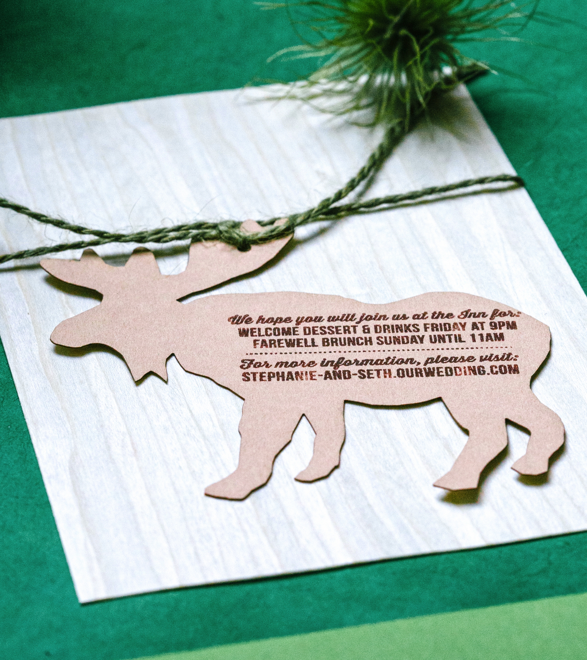  A laser cut moose card was made to handle the other events of the weekend and the couple's website URL.&nbsp; 