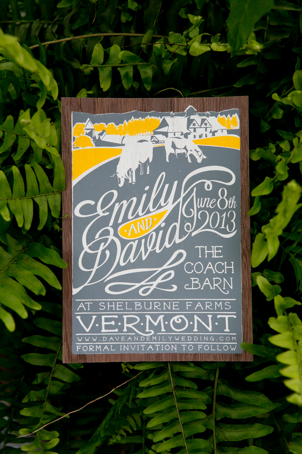 Our favorite save the date...to date! A poster style design was created featuring a far off vantage point of the Coach Barn and Shelburne Farms with resident sheep in view. The design was screen printed in three colors on walnut wood veneer. 