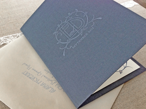 Bound in genuine book cloth, the cover was stamped with the couple's logo. 