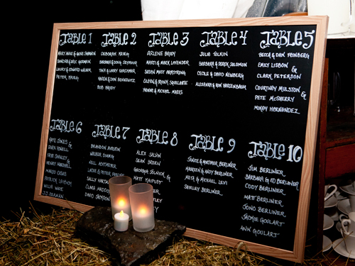  For casual rehearsal dinner Shindig made a chalk board list of seating arrangements posted outside of the docked tent.&nbsp; 