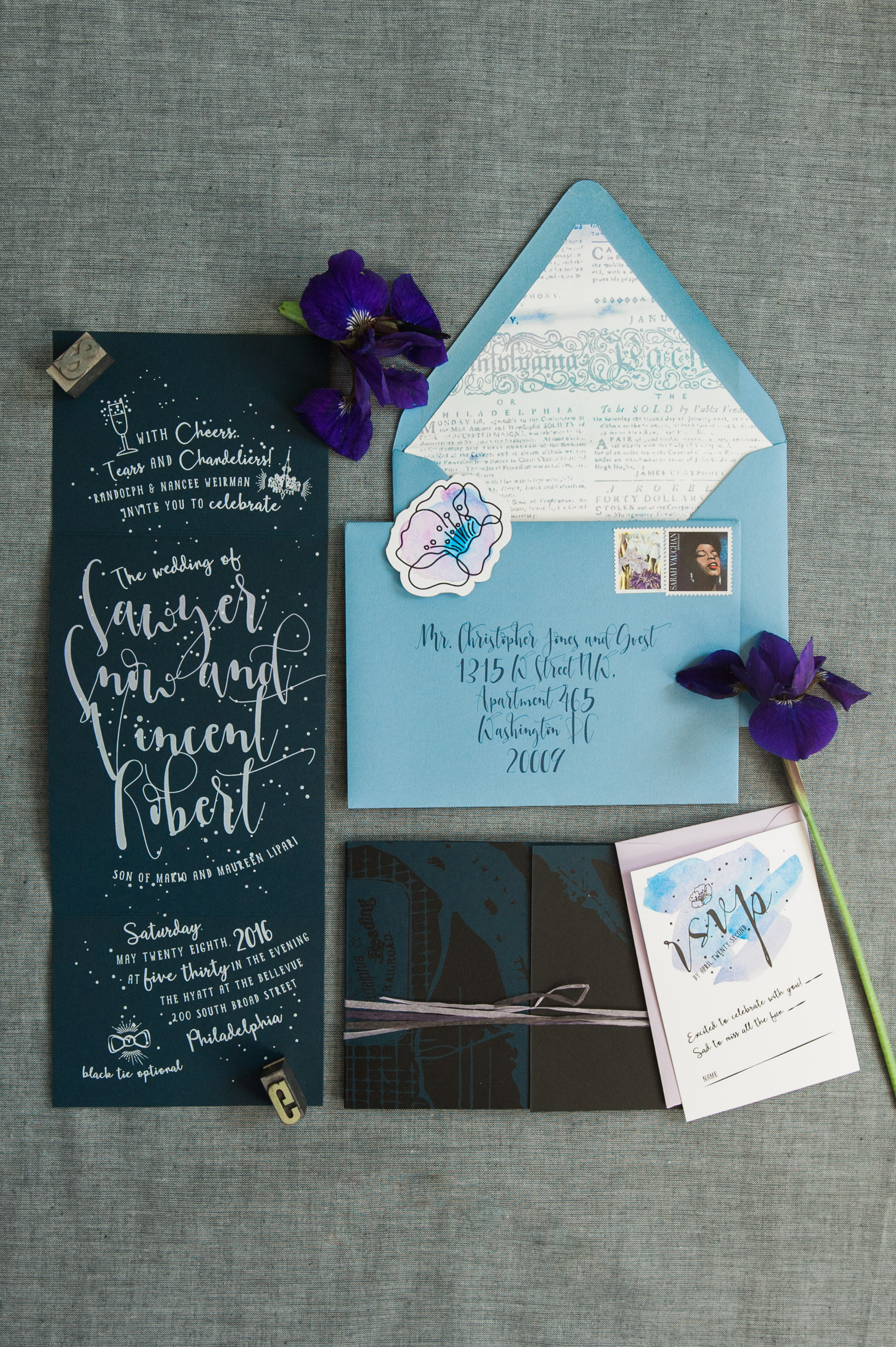  We decided on a invitation that unfolded to maximize impact. We chose a deep blue paper stock and screen printed the inner spread in a gradient from pale blue to lavender.&nbsp; 