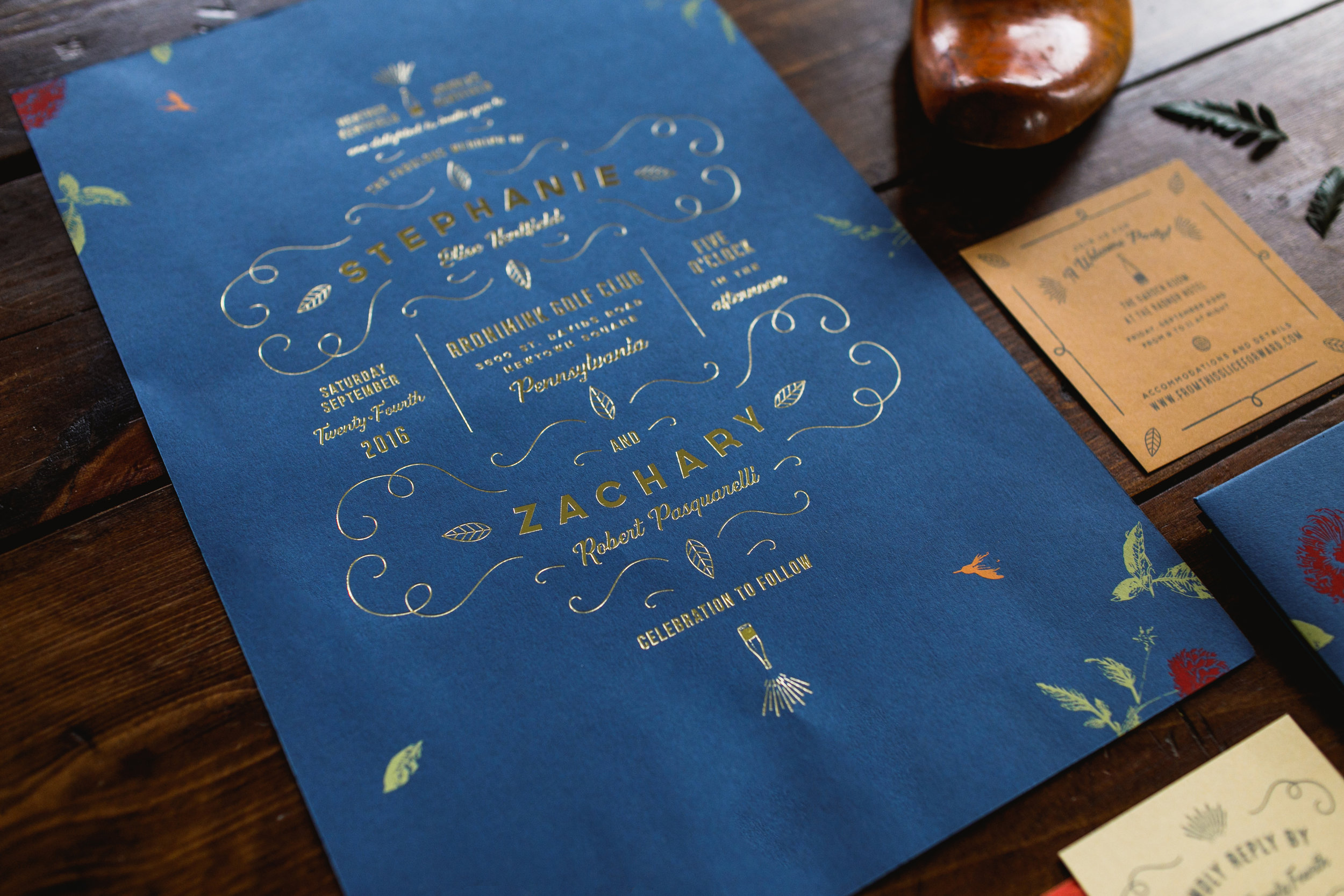 Oversized origami royal blue screen print and gold foil invitation for a fall wedding
