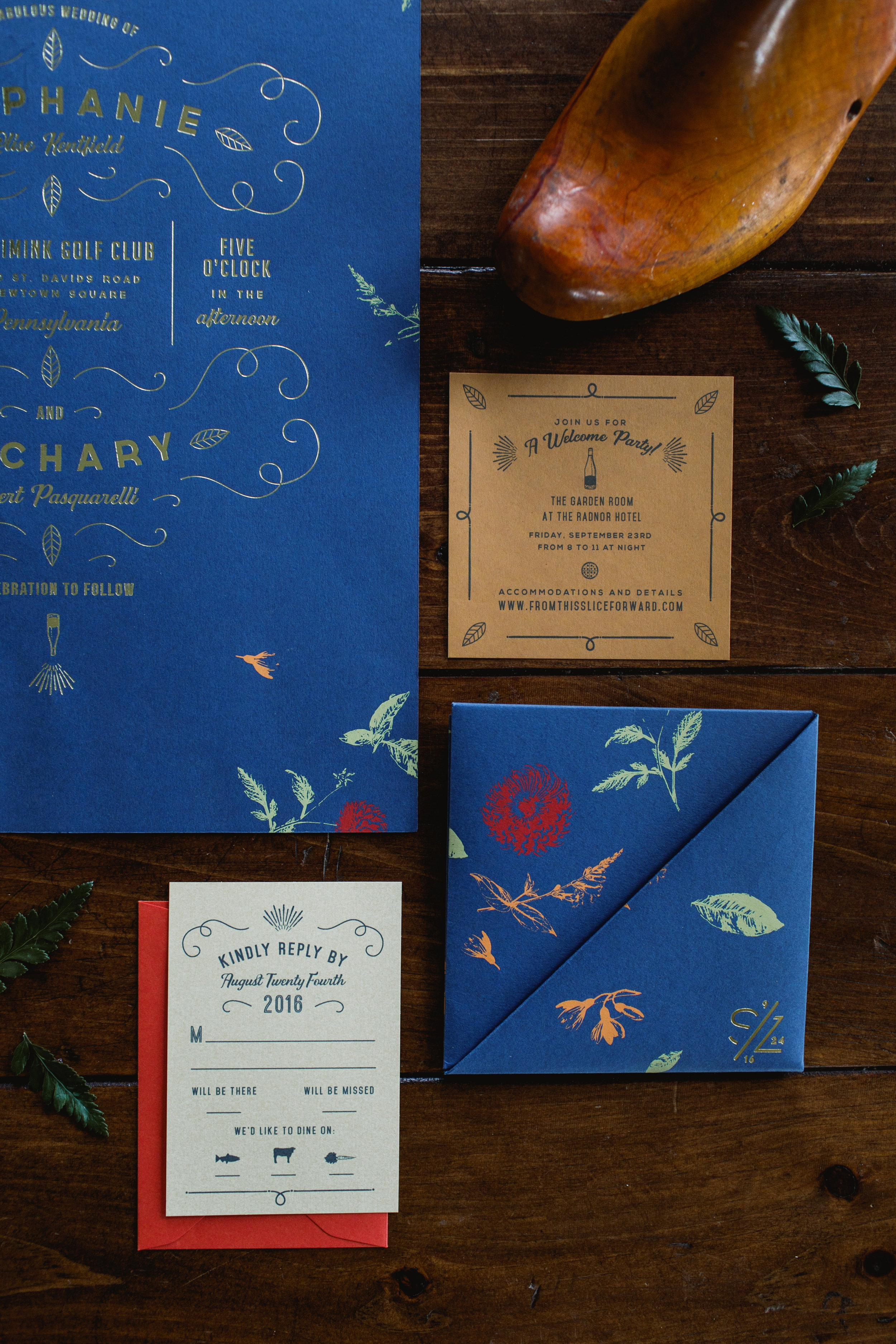 Royal blue gold foil invitation suite including reply card and Welcome Party invitation 