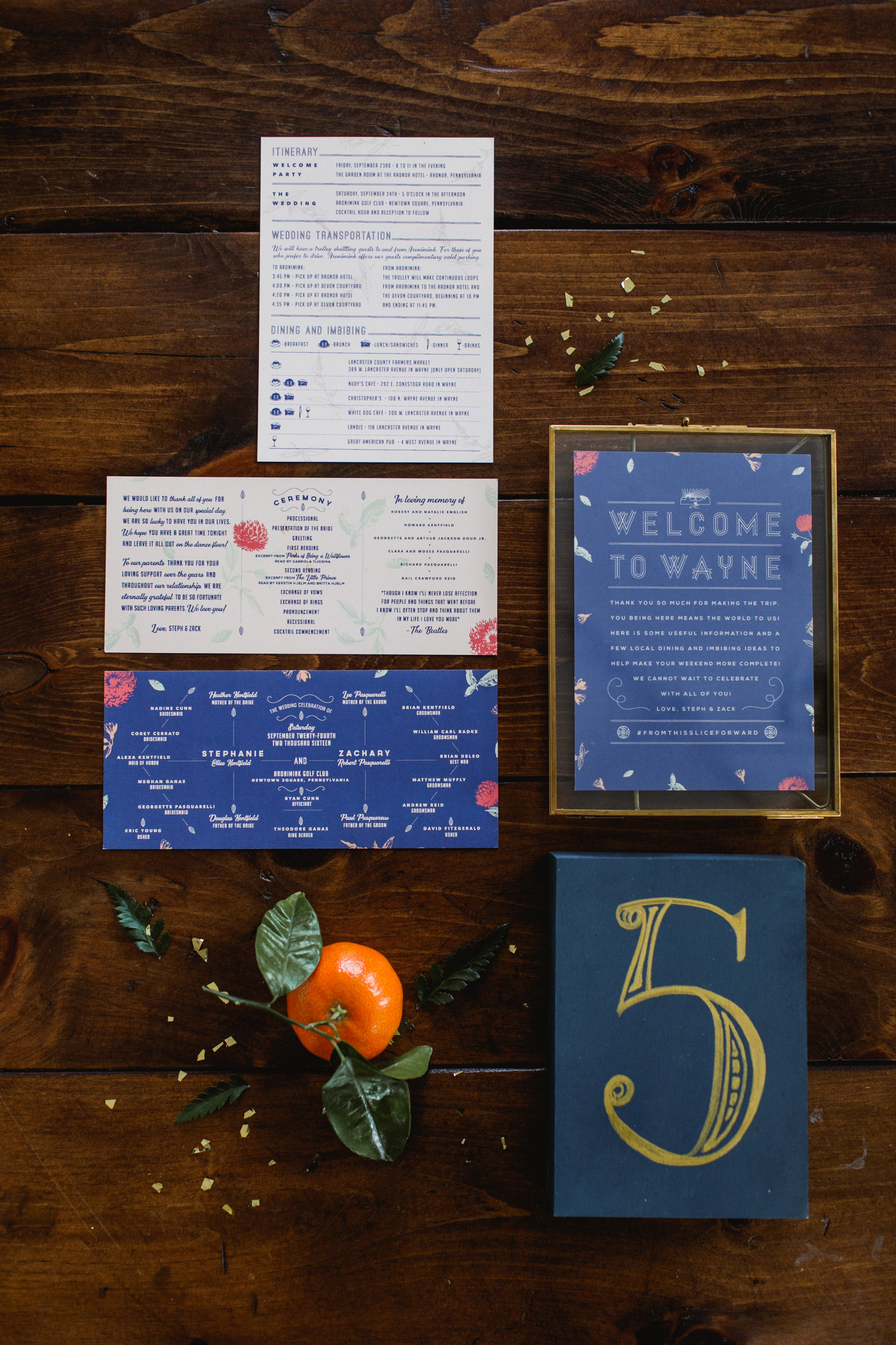 Royal blue invitation suite with gold table number and floral screen printed program