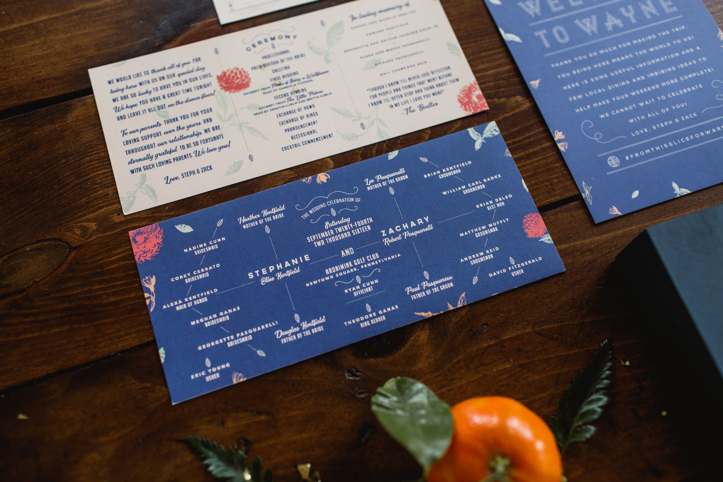 Royal blue invitation suite with floral screen printed program
