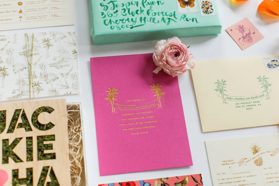 Two patterns were created to back the two foil printed reply cards. One, a subtle vintage toile, the other a bold tropical number inspired by Hawaiian printed shirts, the common thread being tropical imagery. With multiple events spanning a week, one reply card provided a chart where guests could select the activities in which they wanted to participate; from an afternoon sail to a hike along the Na Pali Coast. The main reply card, with playful language supporting the Hawaiian destination, provided guests a fun question and answer format. 