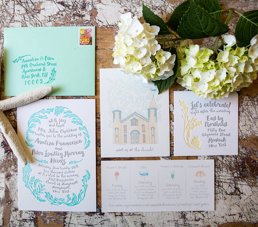  The two color letterpress invitation suite with hand drawn elements and event iconography. 