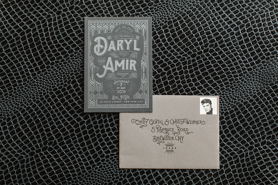  The save the date, screen printed in gun metal silver, set the tone for the entire suite! 