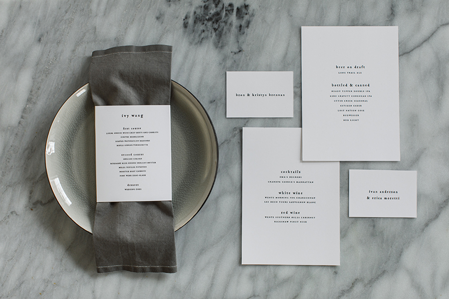  Day of wedding items followed suit with minimal black type on crisp white. 