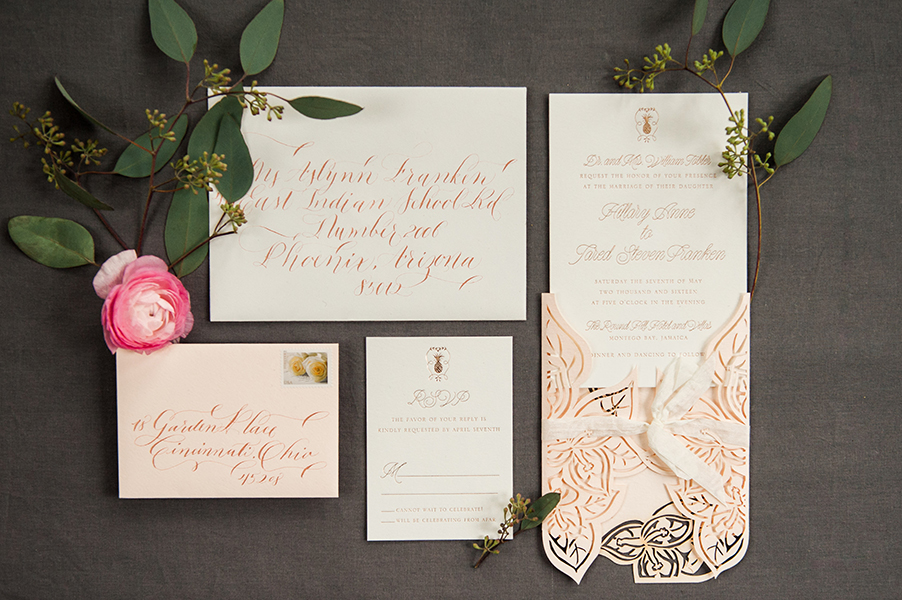 For their invitation, Hillary and Jared wanted something that would match the formality o their black tie wedding. Because it was in Jamaica we wanted to also keep the design fresh and appropriate for the tropical surroundings. We created a blush la