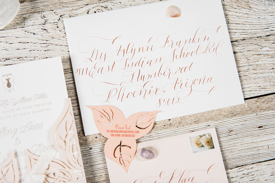  The envelopes were calligraphed in rose gold to match the gold foil of the text on the invitation cards.&nbsp; 