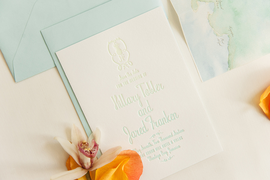 The save the date card used one of our favorite letterpress processes called split fountain which allows for multiple colors of ink that created an ombré effect through the design. 