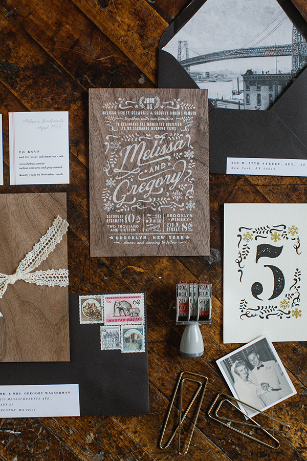  The main card was screen printed with a white wash on a walnut veneer card. We used a vintage photograph of the Brooklyn bridge as the envelope liner to celebrate the history of the neighborhood.&nbsp; 