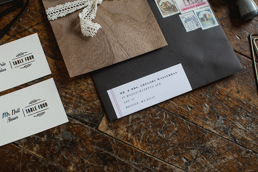  We used a faded black envelope with a vintage typewriter label to complete the antiqued theme of the suite.&nbsp; 