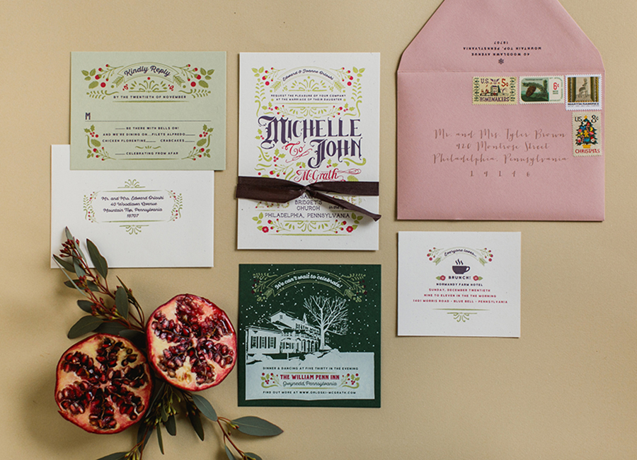  One challenge when creating a holiday themed wedding suite is making it look festive and seasonal without making it look like a Christmas card. The best way to do that is to use shades of greens and reds that are less expected like our use of a dust