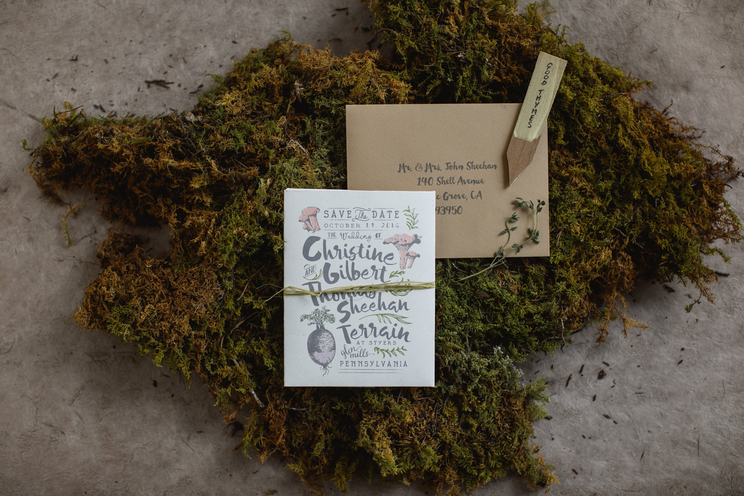  The save the date we created was actually a seed packet that contained thyme seeds giving a nod to the location. We tucked in a wood plant marker with the words "Good Thymes" just to be punny! 