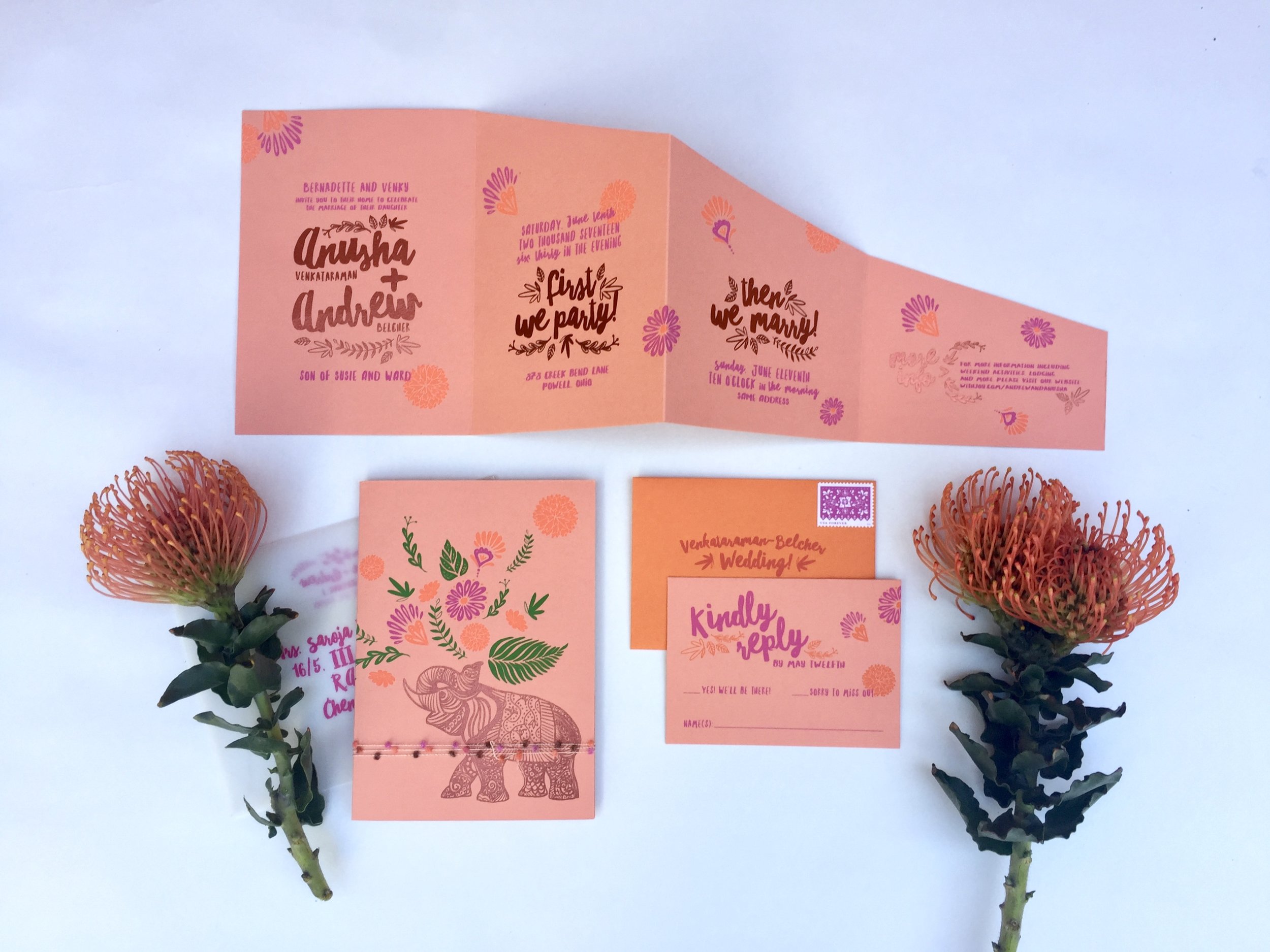 For the invitation we created a vibrant and playful screen printed suite festooned with tropical flowers and a copper foiled henna graphic of Ganesh (Hindu remover of obstactles). Some guests were invited to both the Ohio and Brooklyn events, some were invited to either/or, so our challenge was creating a multi piece suite that worked cohesively, but also where each piece could stand on it’s own.