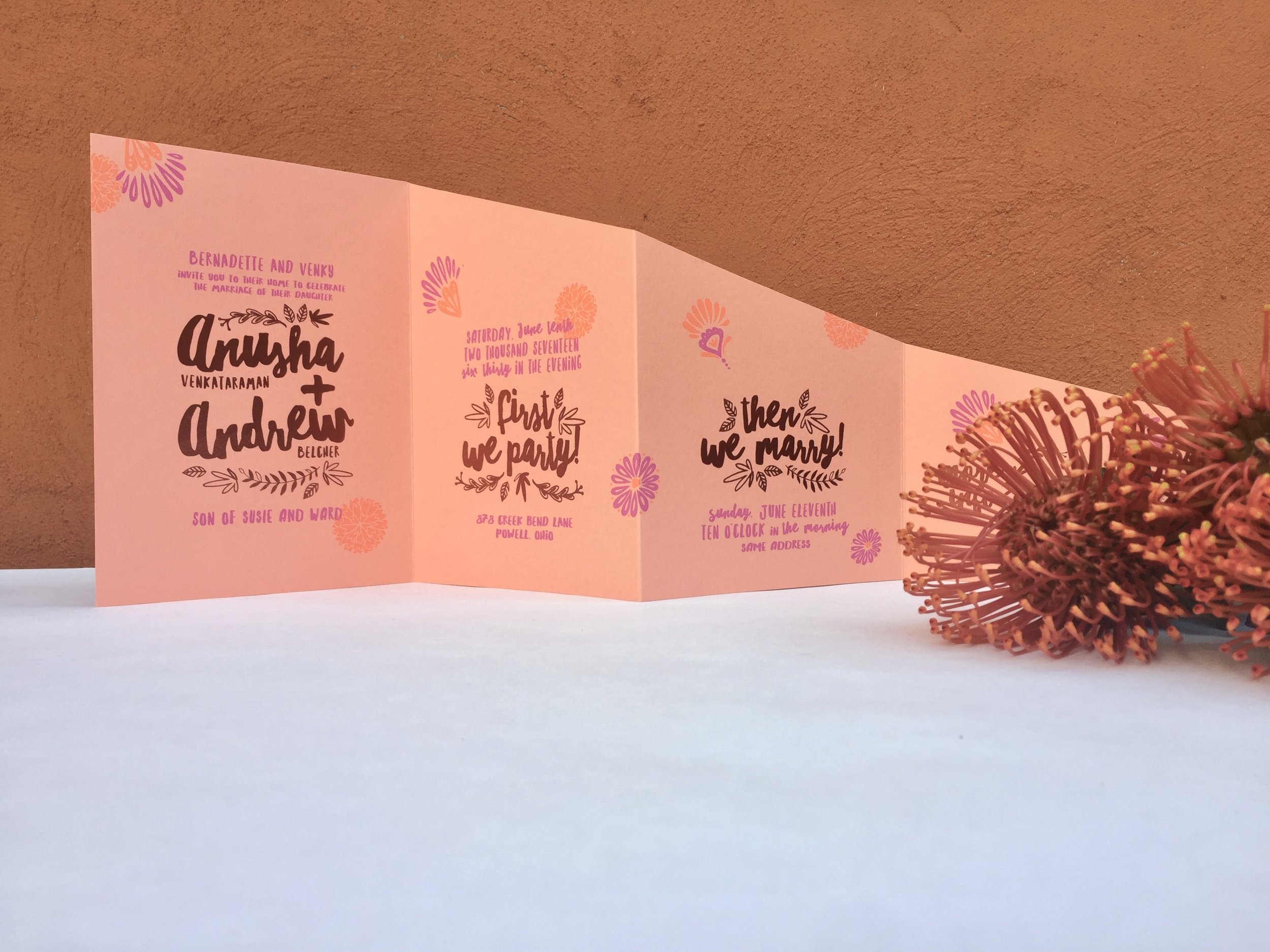 The main card featured an asymmetric accordion fold with each day’s events highlighted on a separate page in beautiful copper foil.