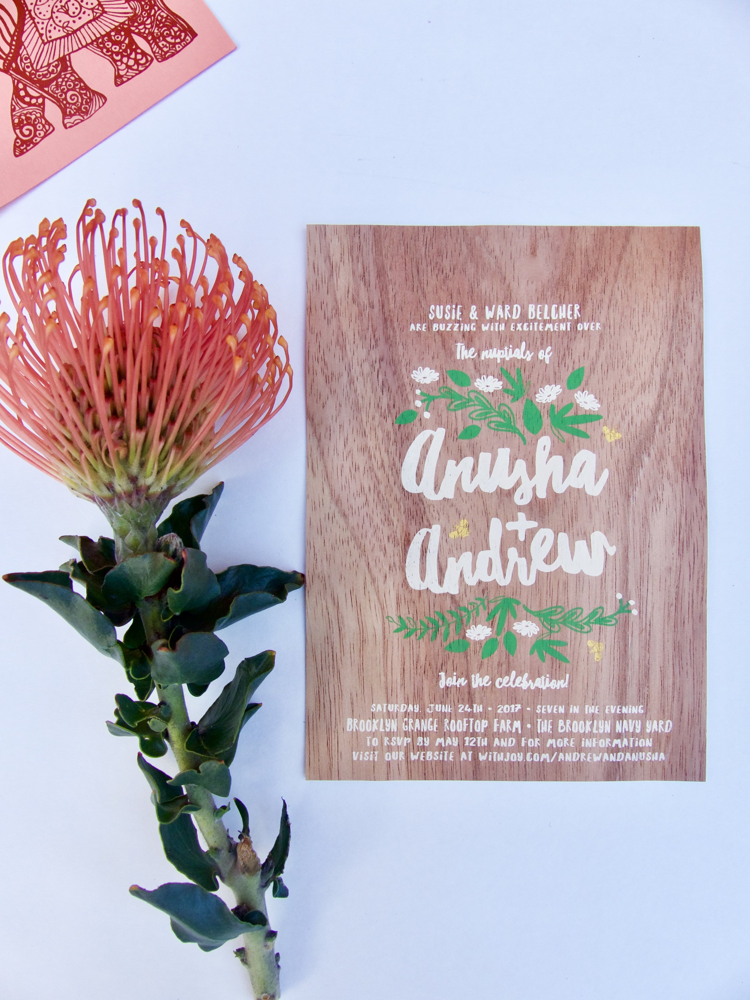 For the Brooklyn event we created a walnut wood insert. The rustic venue, Brooklyn Grange, also serves as a honey bee farm and produces it’s own brand of honey, so we included a few bees buzzing around the flowers!