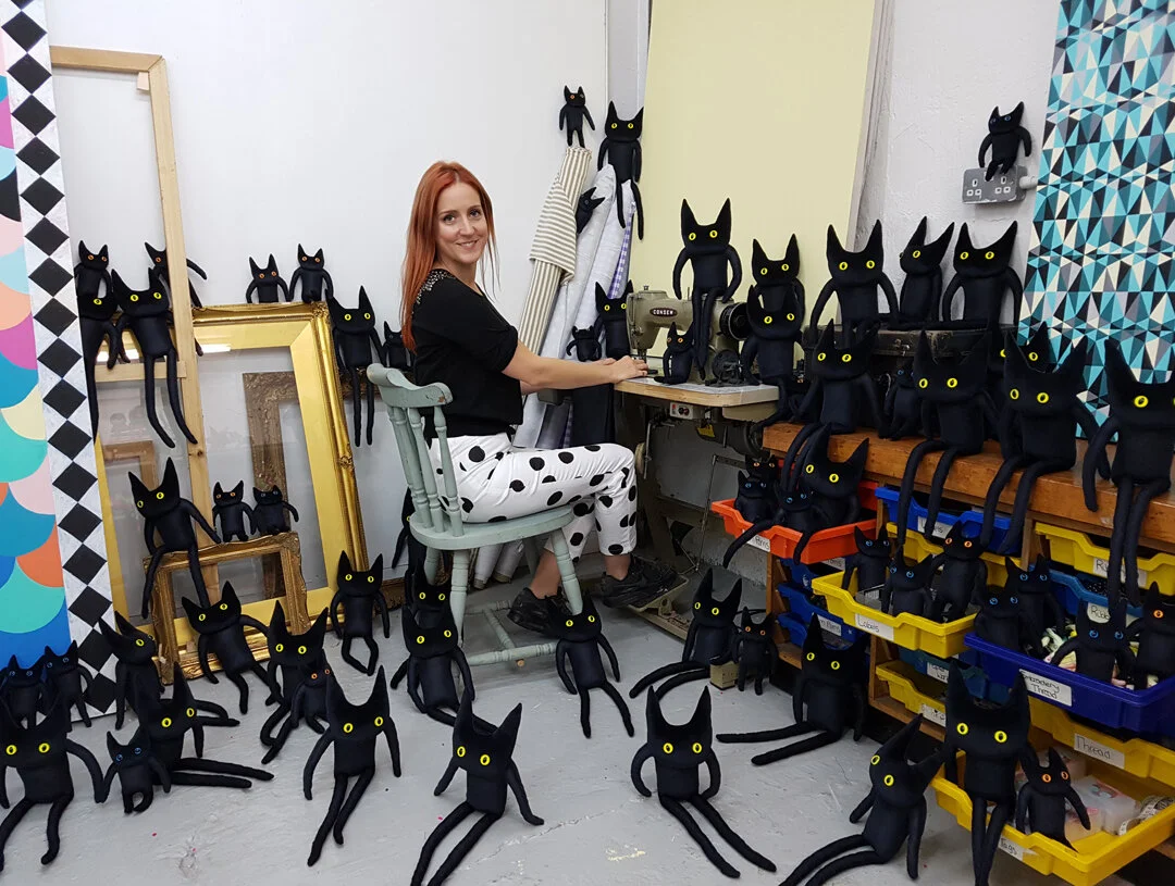 Jenny pictured here with some of the 150 Jaspers made for Russell and Bromleys Halloween windows in 2017