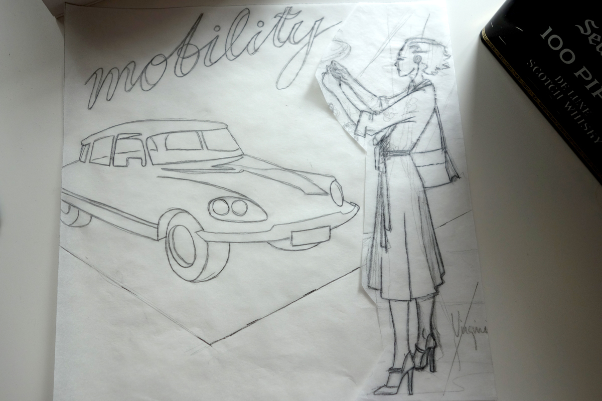 First of all I drew a very rough sketch (no images, sorry) after an idea I had while visiting the Mercedes Museum (don't miss it if you ever come to Stuttgart!!! even if you are not interested in cars) and then I drew the different elements on sketch paper (I like to use the one in a roll) and played with them until it looked the way I wanted.