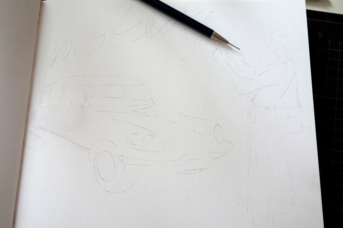 Then I transferred the lines from the sketch paper to the sketchbook. The method I use for that is to redraw the drawing on the backside of the transparent sketch paper, place it on top of the final paper, and press again with a pencil along the lines (redraw it for third time), so that the graphite on the backside will be transferred to the "good" paper.