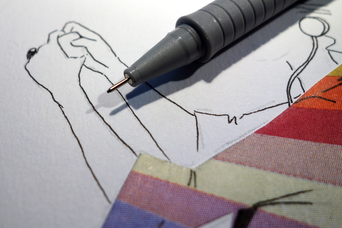 I completed her with a 0.1 Faber-Castell Ecco-Pigment black fineliner. I have to say that the colleagues of the IO had bought super sketchbooks with a very nice paper that would endure all kind of techniques, dry or wet.