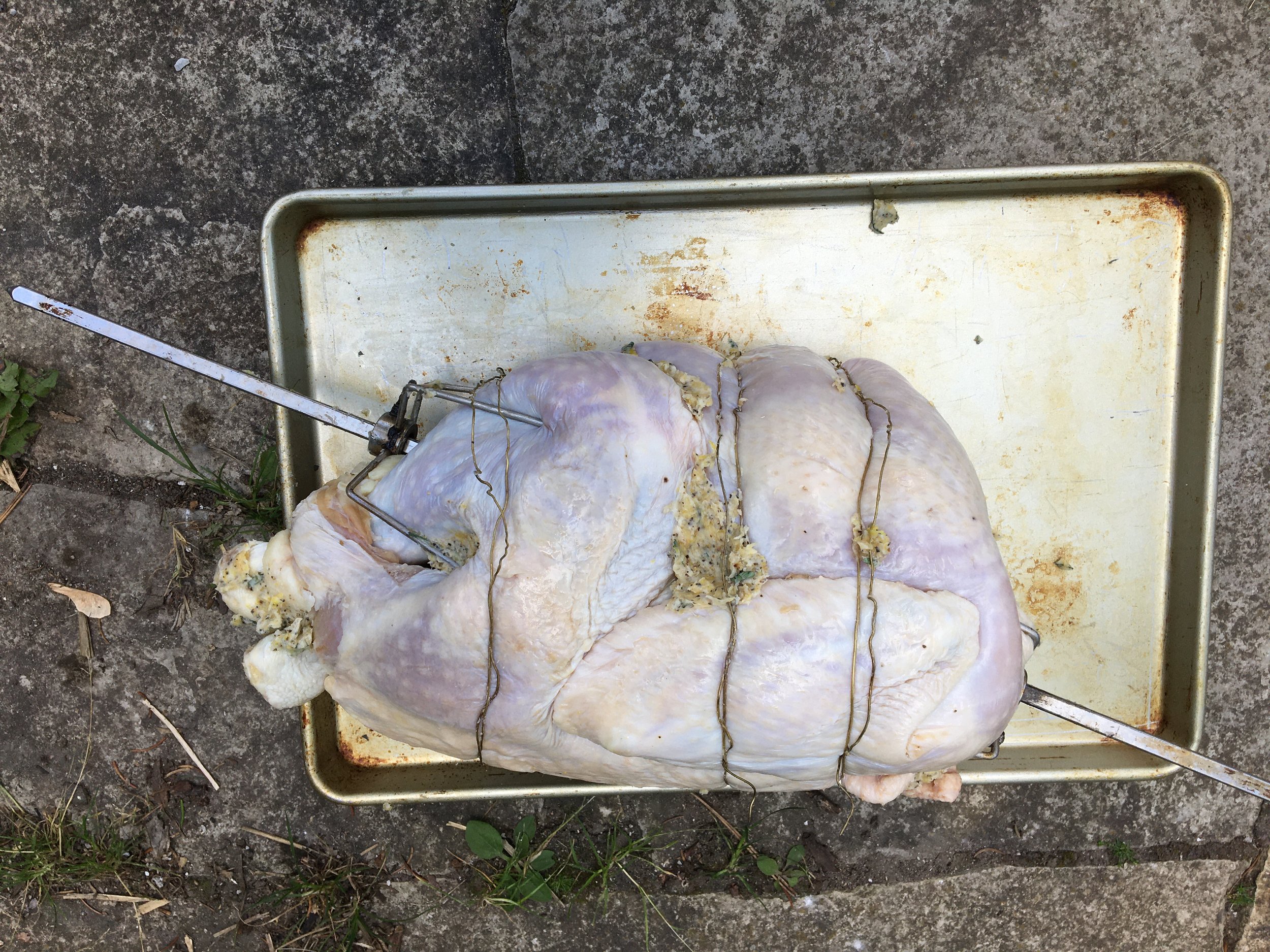 Turkey mounted on spit.