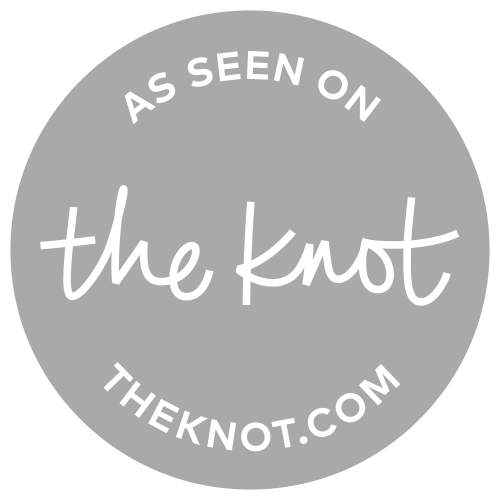 Gray circular badge with white text: "As Seen on theknot.com" and "the knot" in the center.