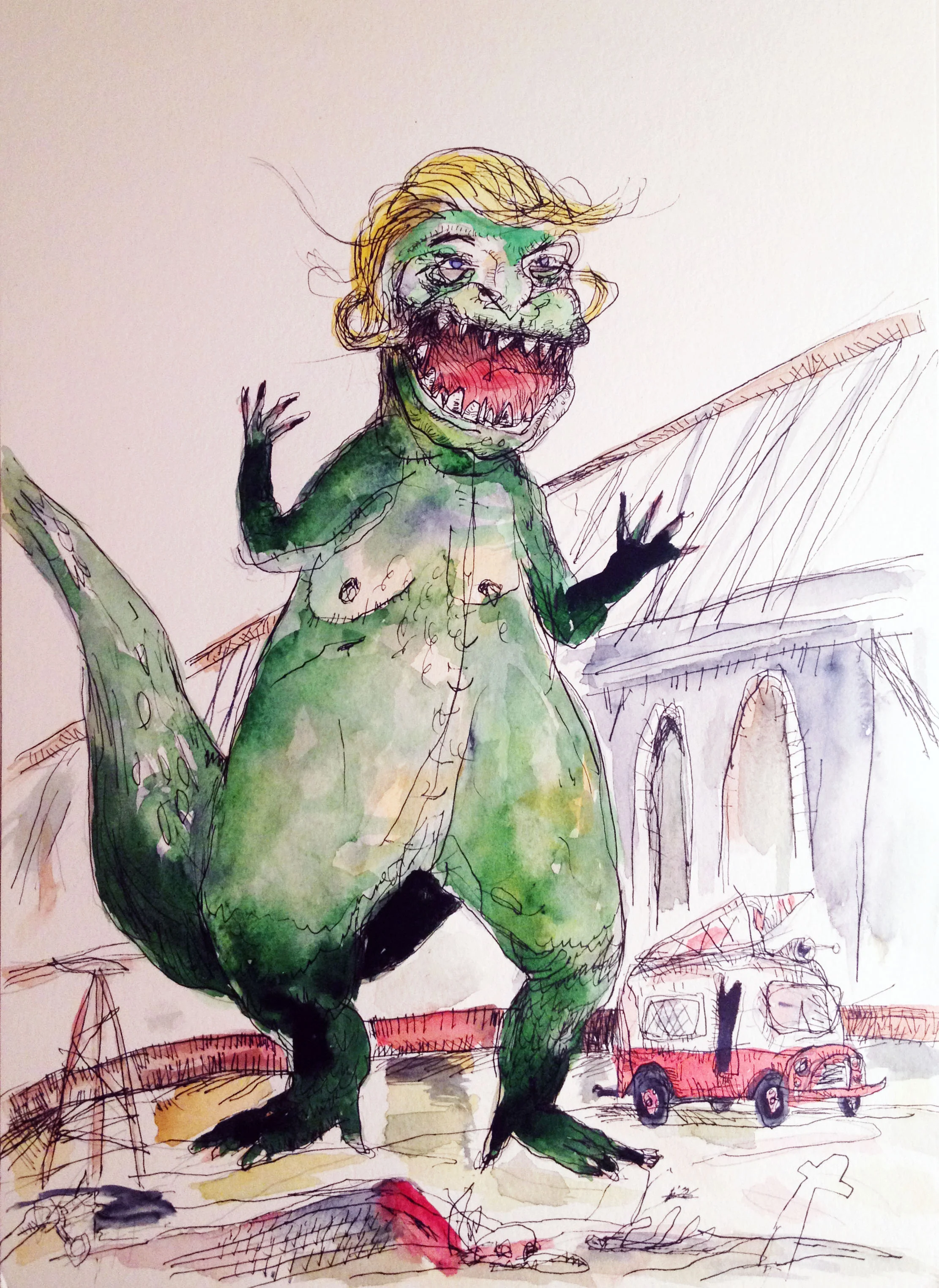Trumposaur, Ink & Watercolor, 15 x 11in, 2016