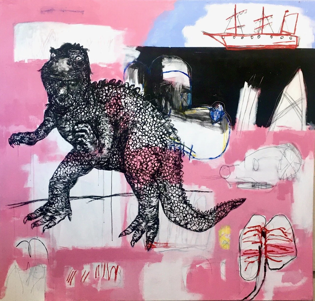  De-evolution, mixed media on canvas, 54(h) x 66(w)in, 2020 