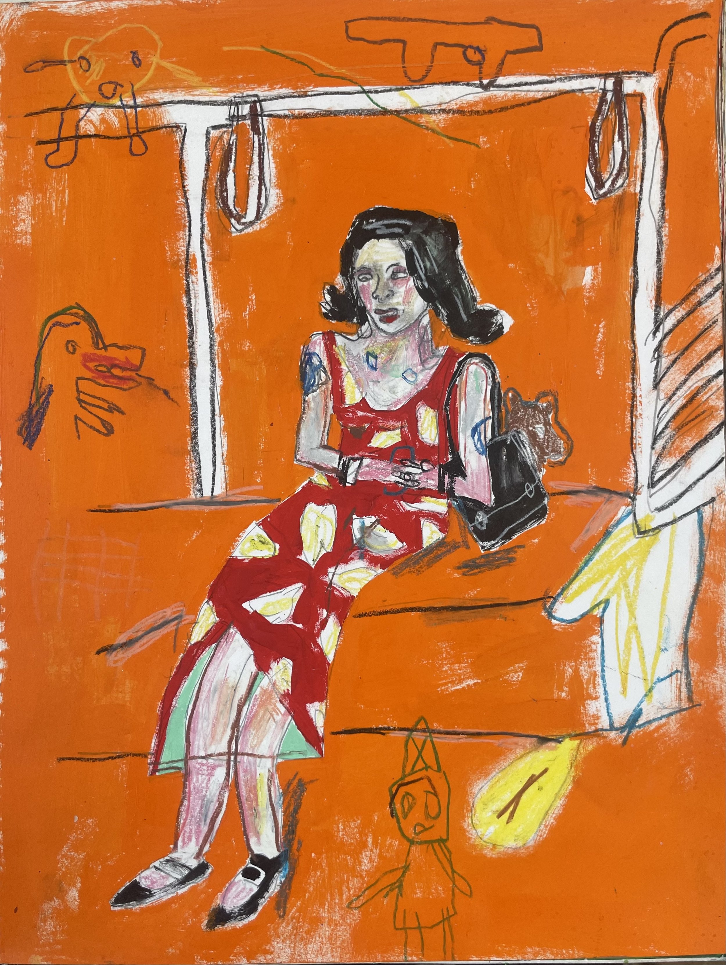  The Commuter sketch, acrylic &amp; crayon, 14 × 11in, 2025 