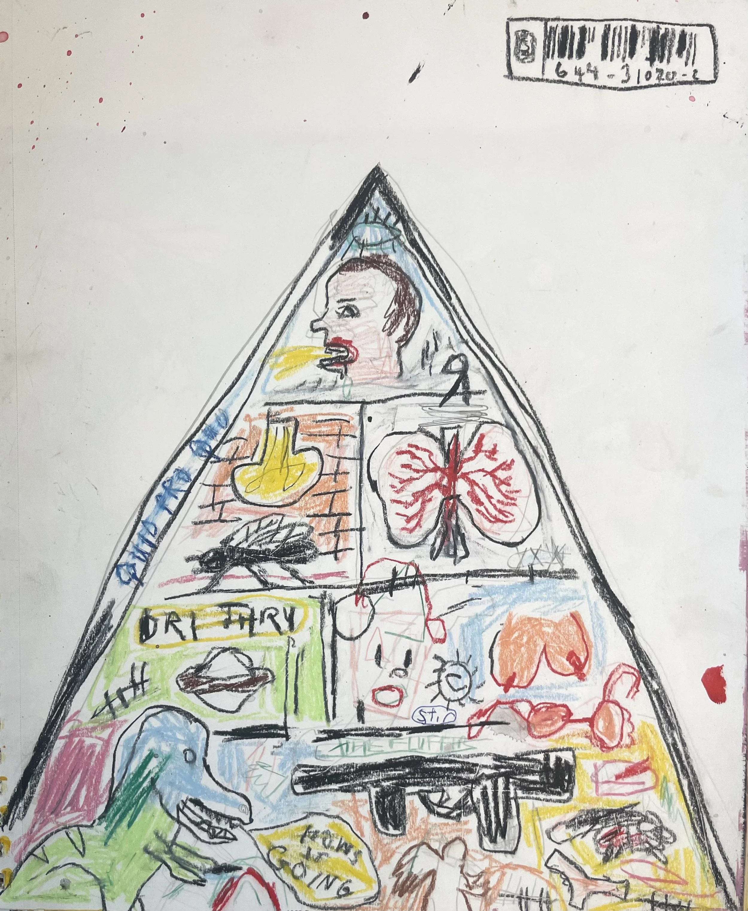  Pyramid Scheme sketch, crayon &amp; acrylic, 14 × 11in, 2024 