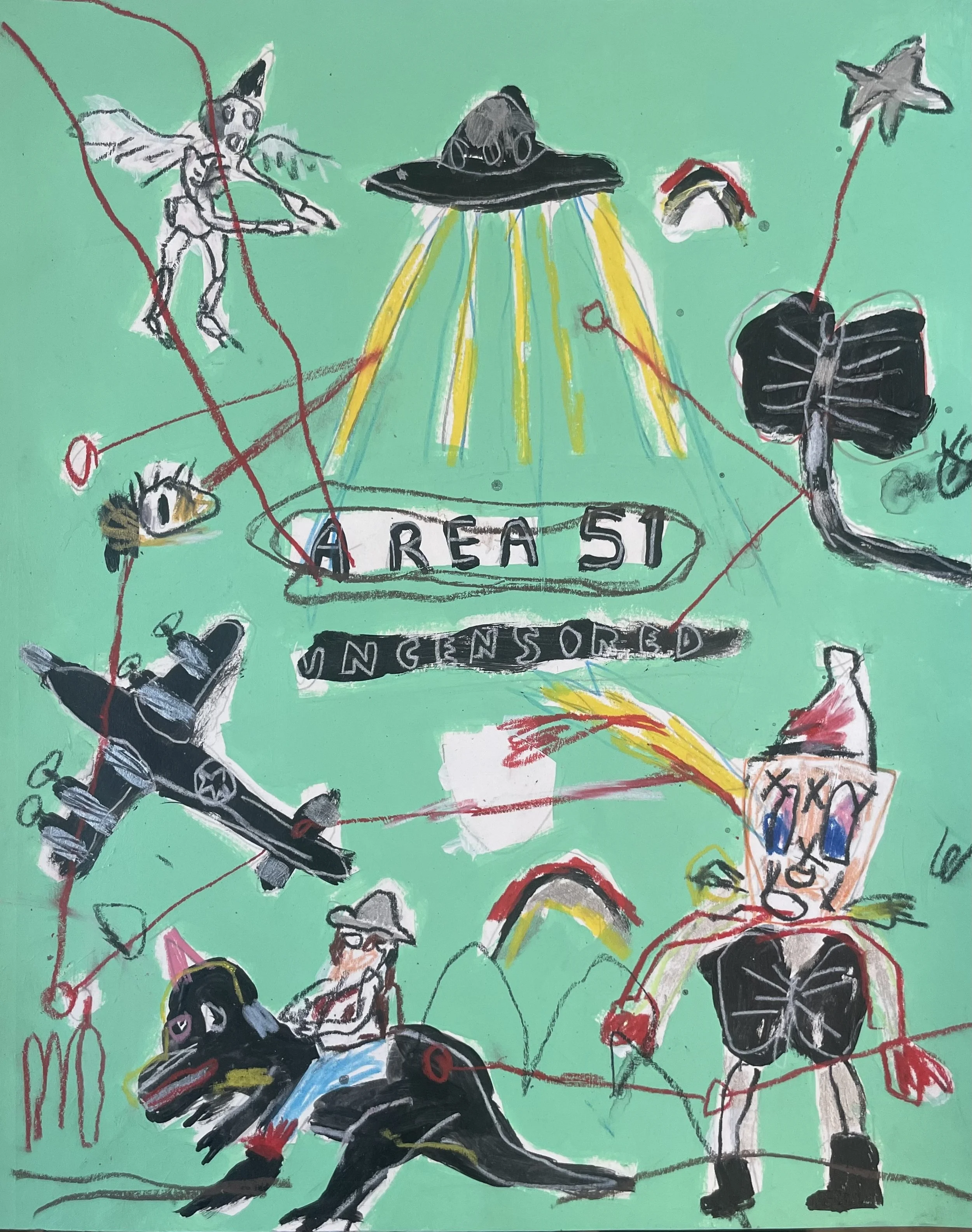 Area 51, acrylic and crayon, 14 × 11in, 2024 