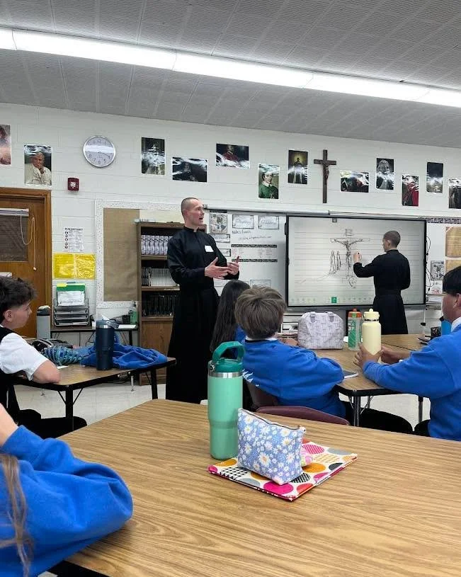 Recently Br. Philip and Br. Joseph were invited by the Carmelite Sisters to speak to the eighth graders at Sts. Peter and Paul Catholic School in Wheatridge. They also had fun playing some intense volleyball with the students.