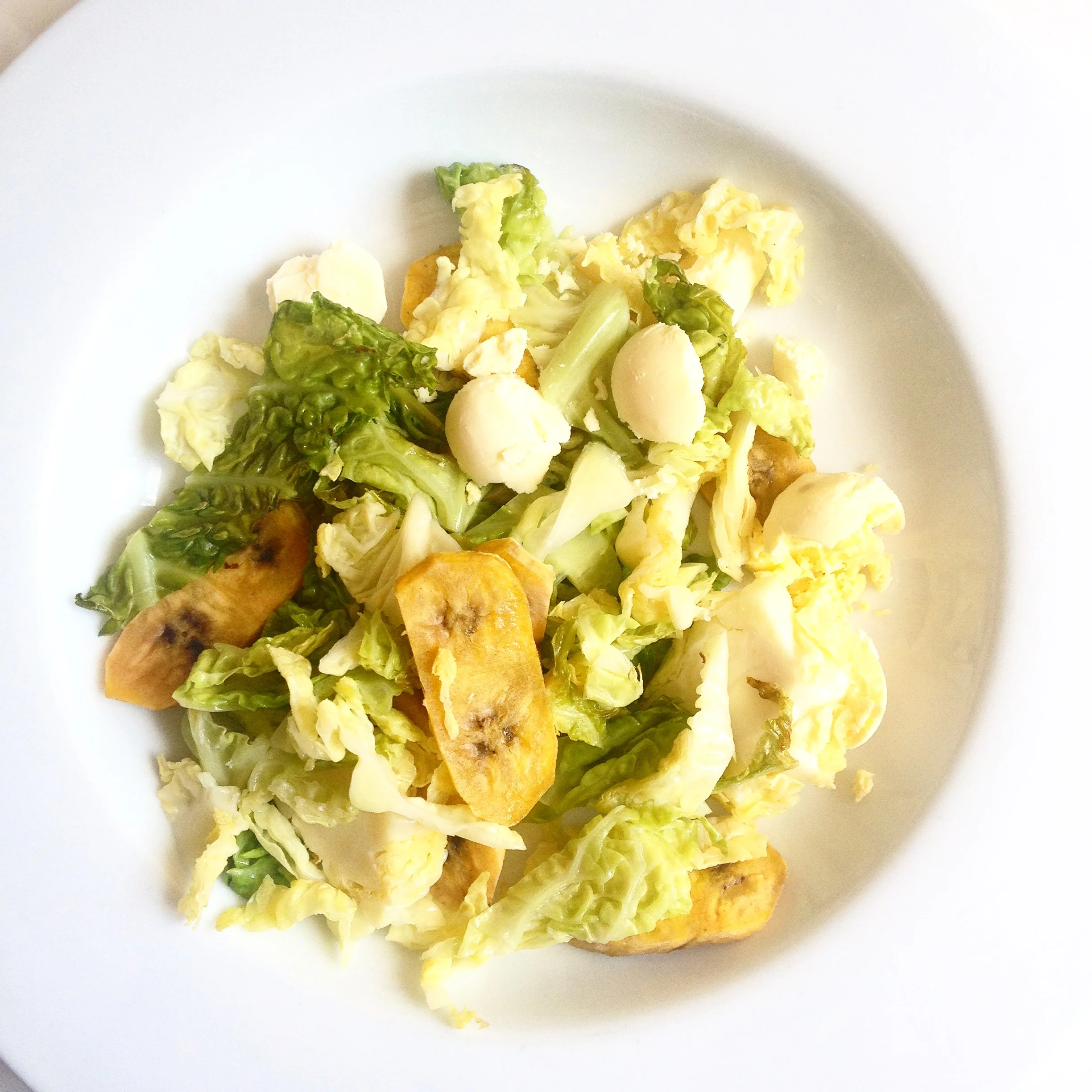 Egg Yolks, Sautéed Cabbage, and Plantains