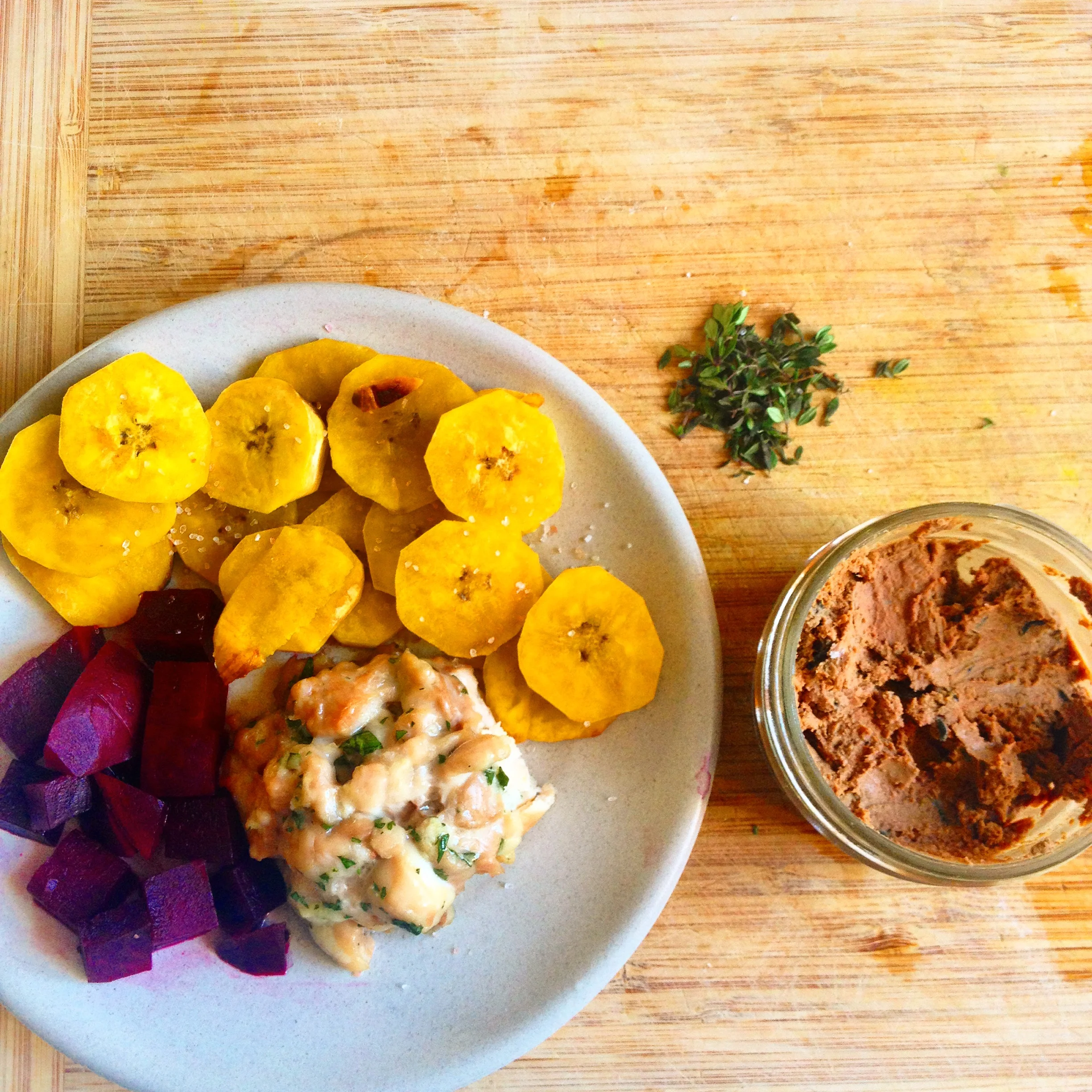 Chicken Breakfast Patty, Beets, Plantains, Thyme and Liver Pâté