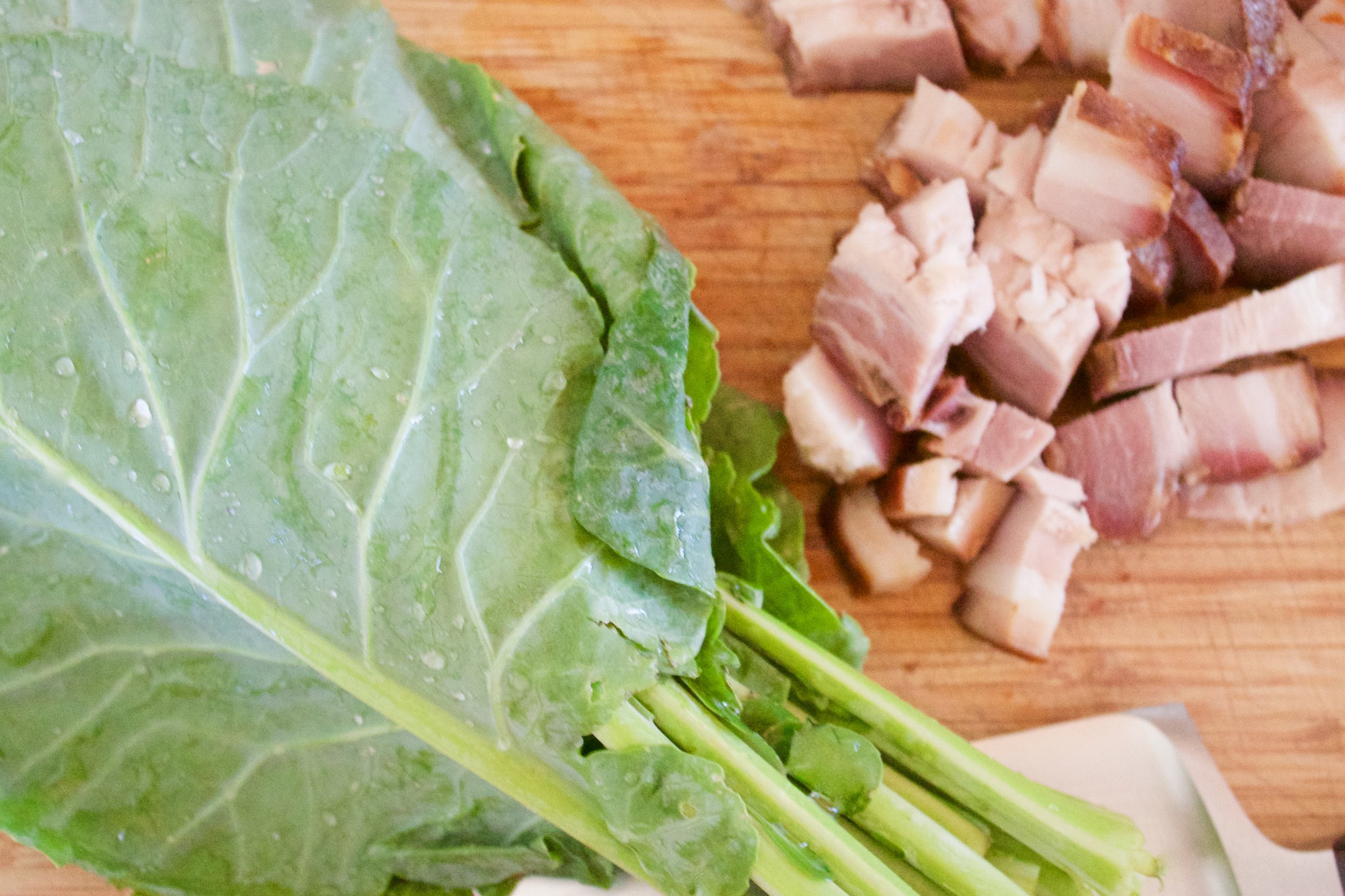 Bacon is a great tasting fat to add to collard greens when sautéing them. I like to add them as small bacon bits (tablespoon per a cup of greens). 