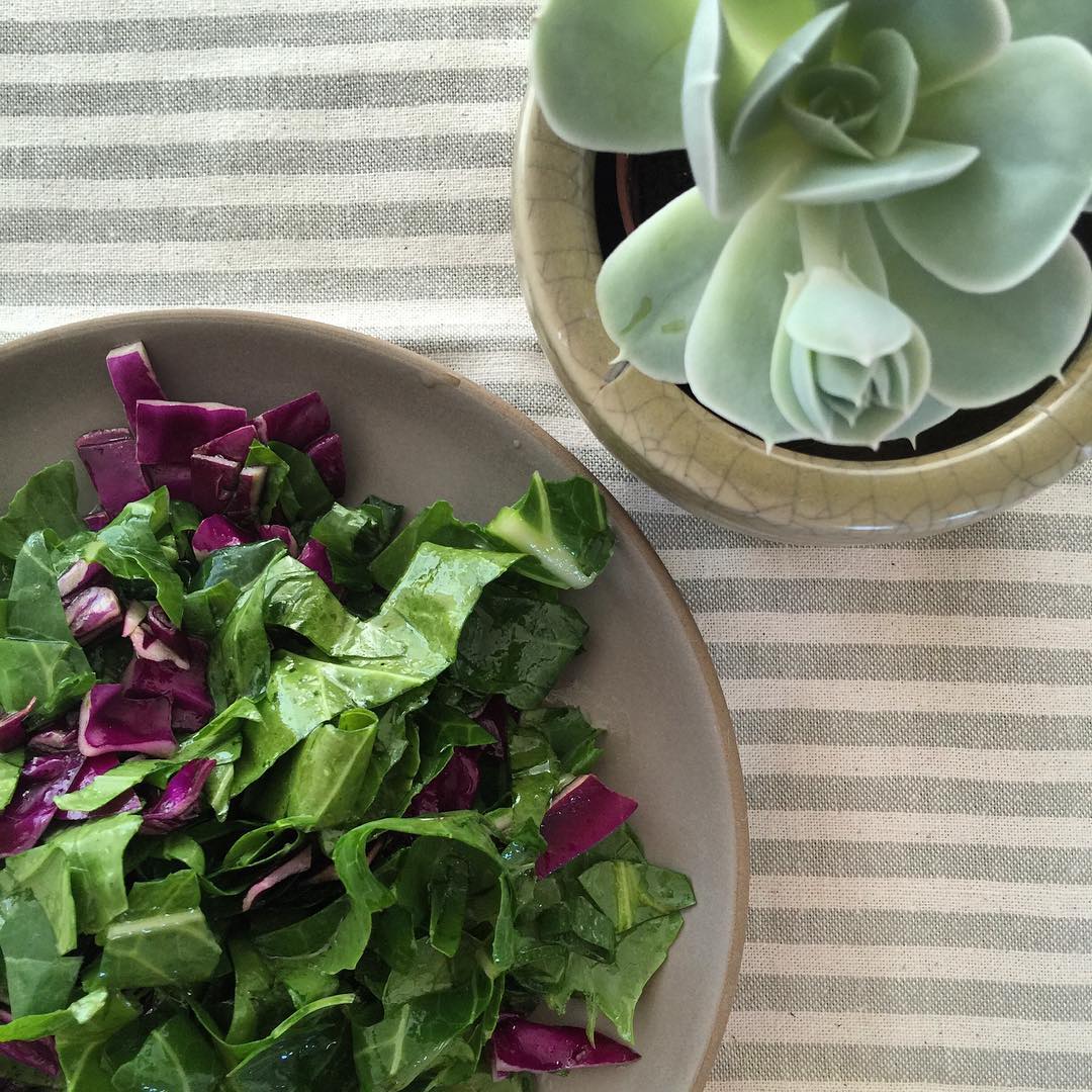Different colors add beauty, flavor, and nutrition to my salads. Here, I added purple cabbage to my collard greens in citrus dressing. 