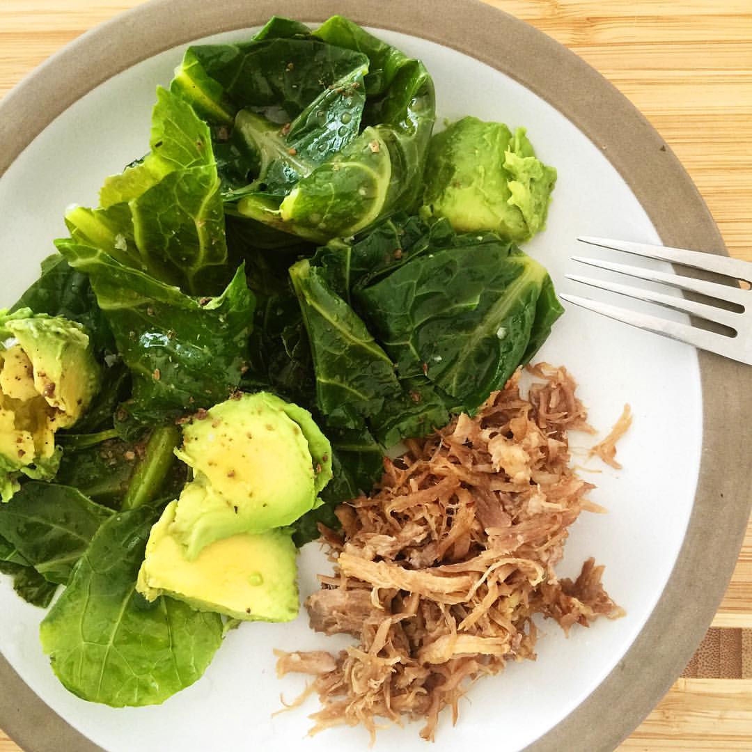 I added avocados and dried olives to this sautéed brussels sprouts and collard greens. 