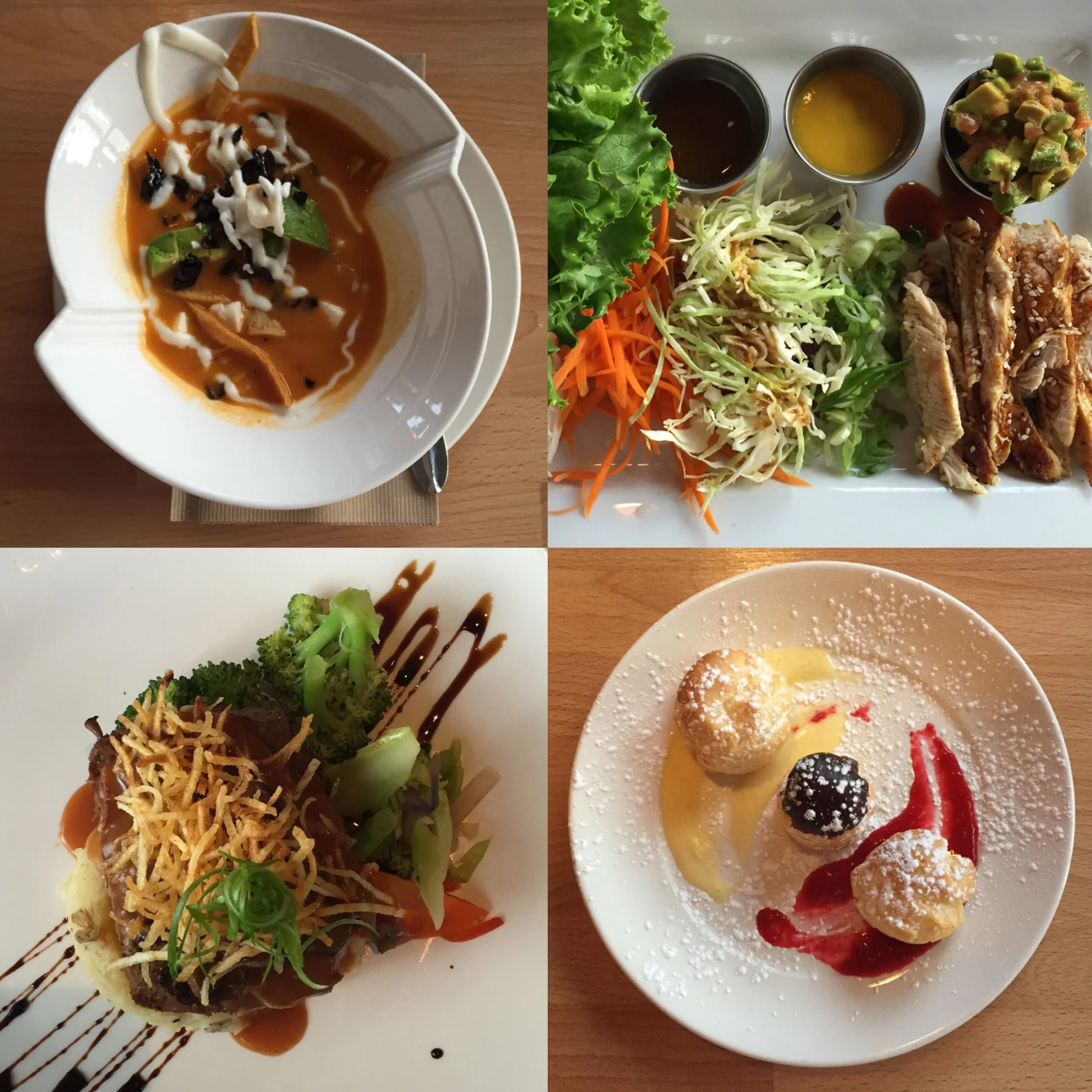 top left: tortilla soup; top right: lettuce wraps; bottom left: meatloaf; bottom right: creme puffs