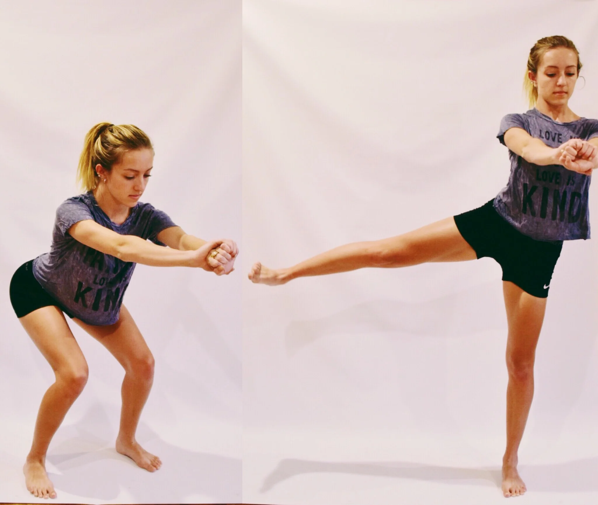 start in squat, and stand while lifting leg (turned in to all you dancers out there, you feel it way more turned in)