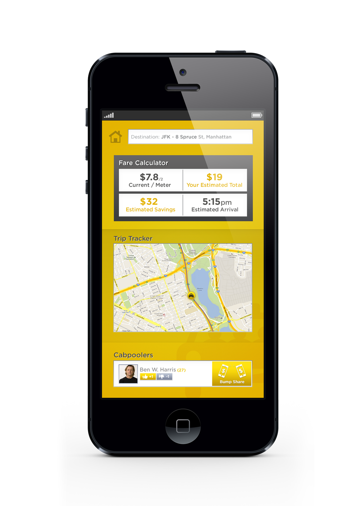 Ride-Along Dashboard - Once you're on the road get live updates on your fare, how much your saving, and your current route. Once you've arrived, use CabPool to bump payment to other CabPoolers and rate how the ride went.