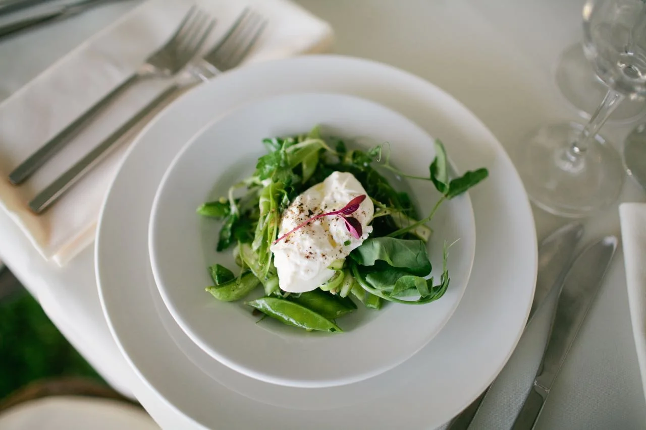 Burrata with Spring Peas and Asparagus | Trillium Caterers