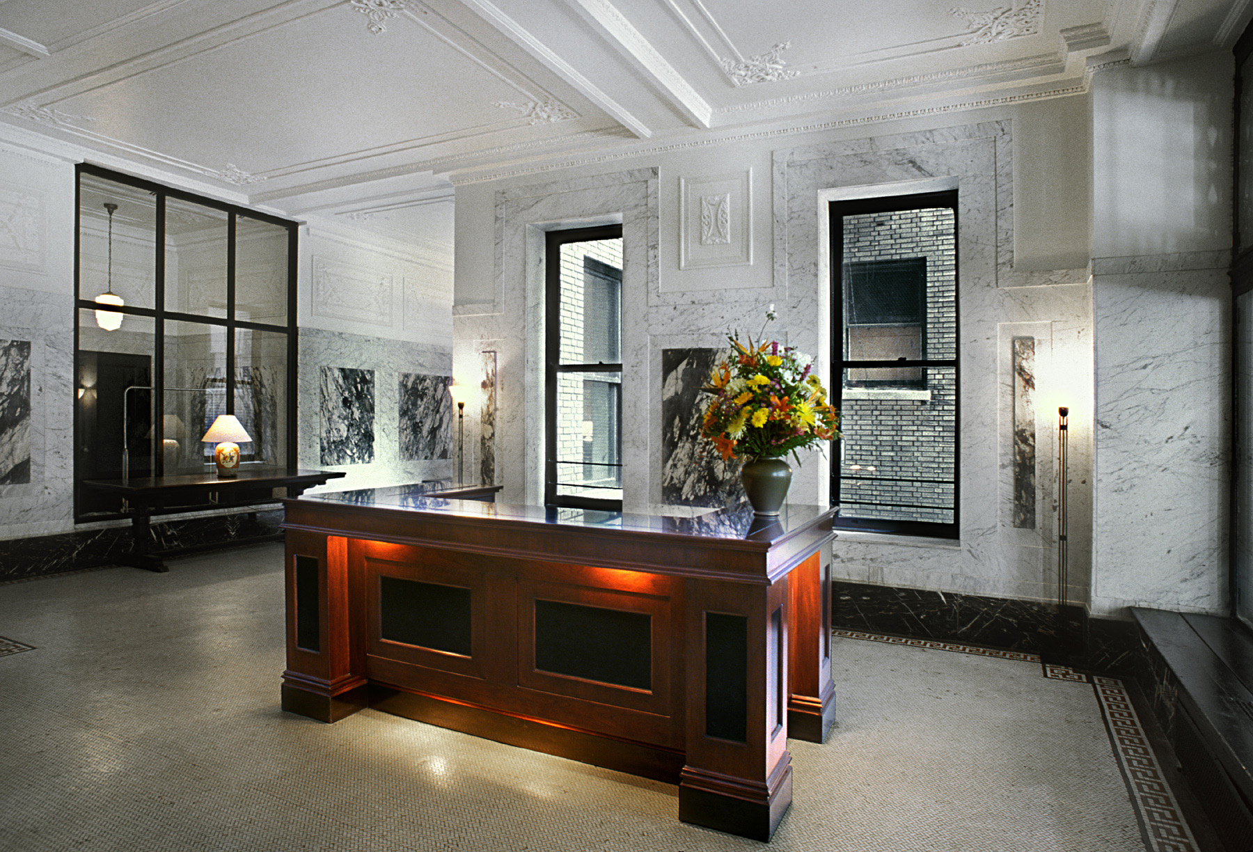 The Cleburne Historic Lobby.  Tobin Parnes Design. New York, NY. Historic Preservation. Reception Desk.