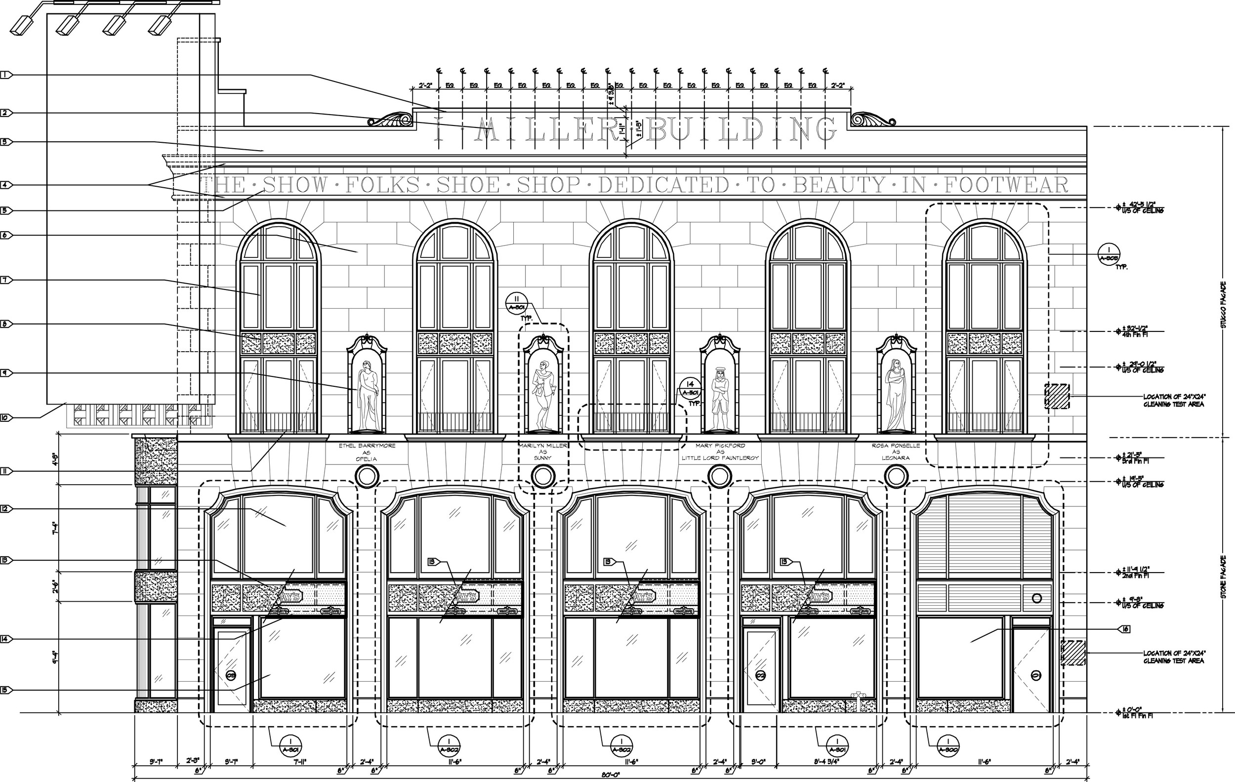 I. Miller Building Facade Restoration. Tobin Parnes Design. New York, NY. Historic Preservation. Building Elevation. Drawing.