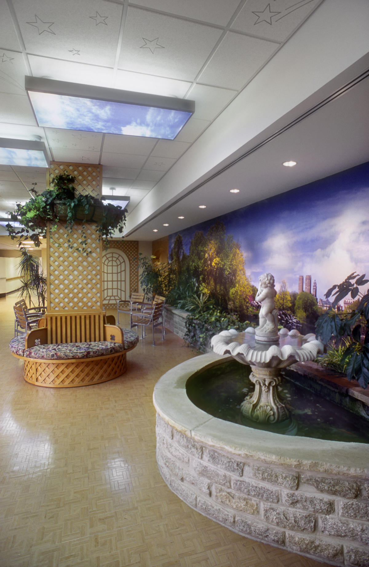 Hebrew Home for the Aged. Tobin Parnes Design. NY. Healthcare Design. Lounge. Interior Fountain.