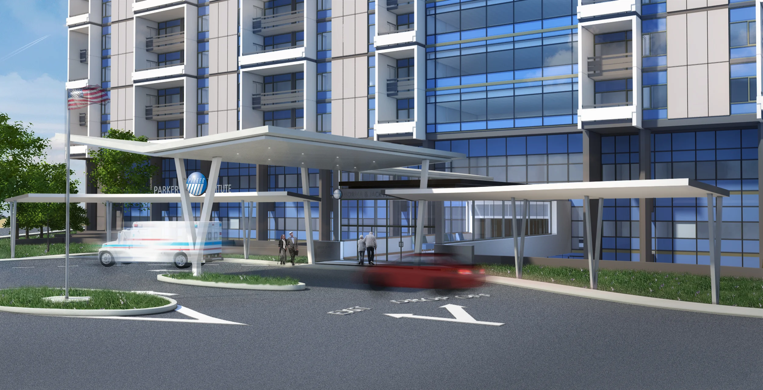 Parker Jewish Bridge and Entry. Tobin Parnes Design. New York. In Progress. Exterior. Street View.