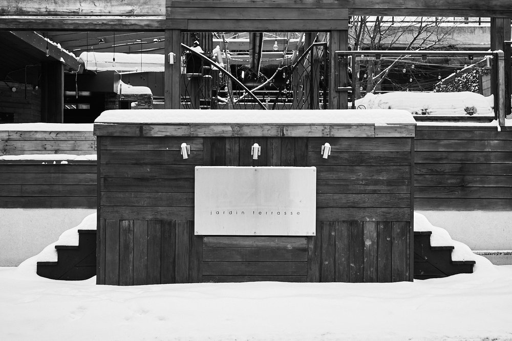 Bar patio under snow in Sherbrooke QC Canada